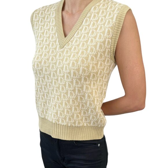 Christian Dior Vintage Logo Trotter Monogram Knit Vest #M Beige Wool [103477] - Picture 1 of 10